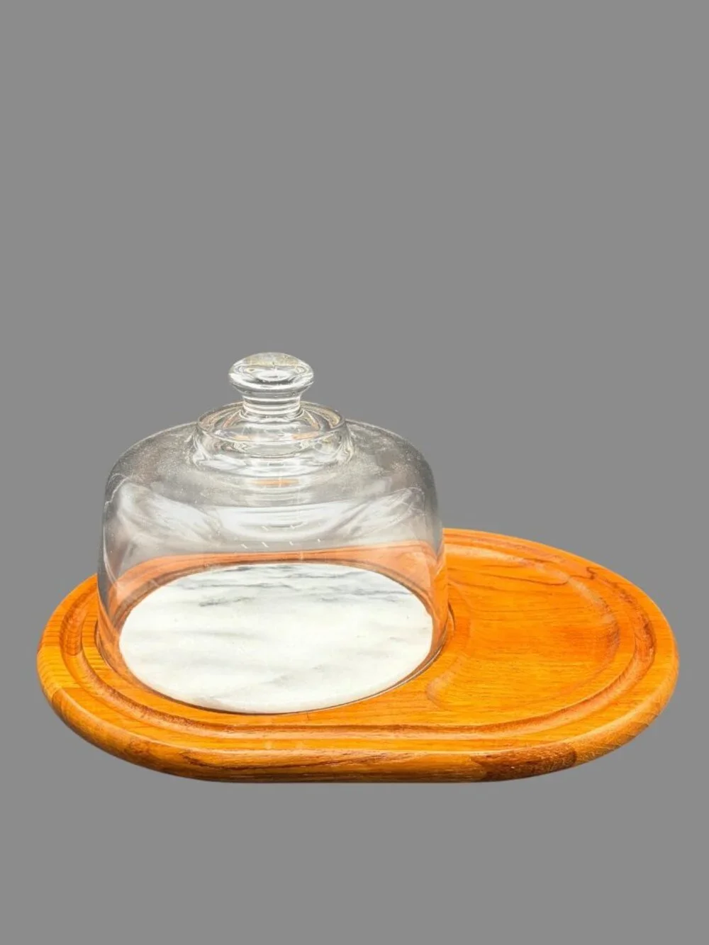 Vintage Teak Wood Cheese Board Glass Dome Marble Insert Serving Tray MCM